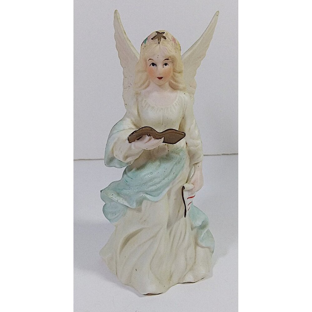 Vintage Angel Figurine 6in Holding Book Glitter Female Figure Bone China Stars